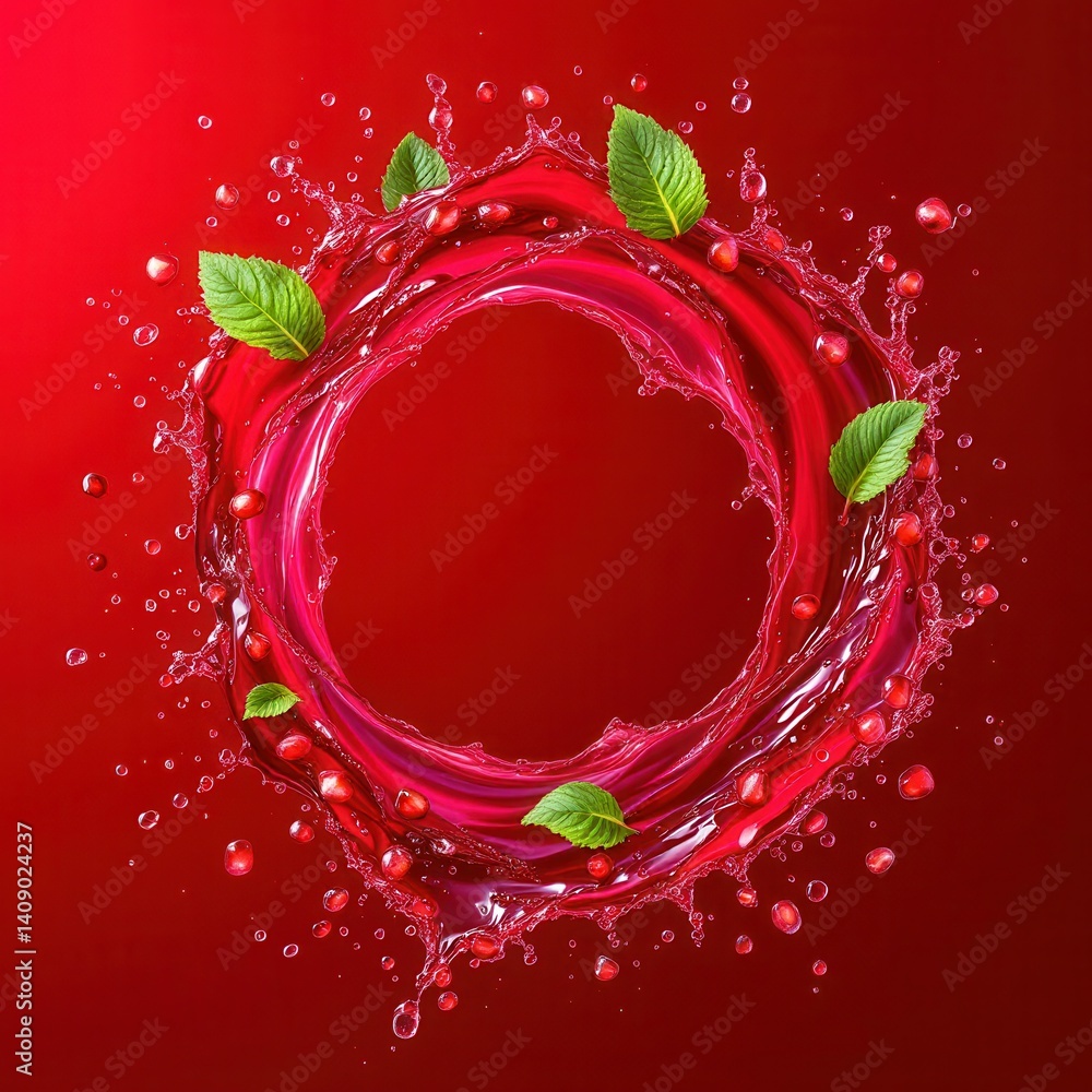 Poster a vibrant splash of liquid forms a circular frame, accented with mint leaves and droplets, set again