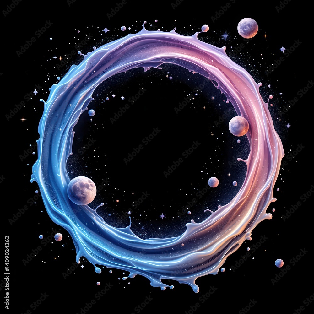 Poster a vibrant circular swirl of colors with planets, evoking a cosmic and ethereal atmosphere, set again