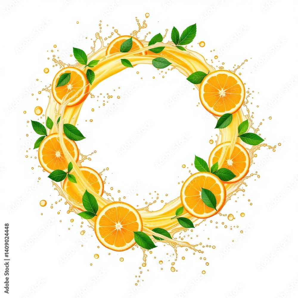 Poster A vibrant circle of orange slices and green leaves, surrounded by bubbles, creating a refreshing and lively visual theme.