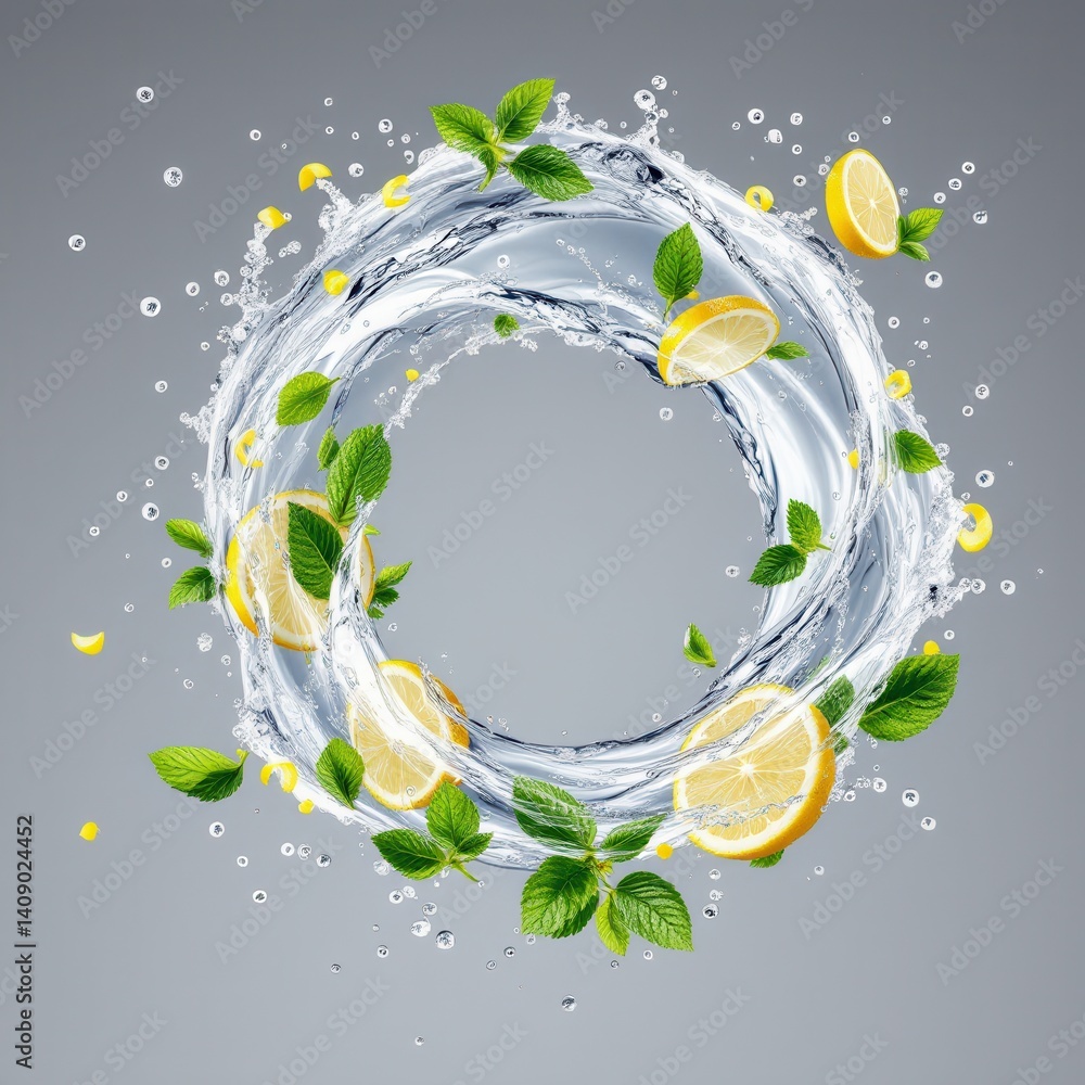 Poster A circular splash of water featuring lemon slices and fresh mint leaves, creating a refreshing and vibrant visual.