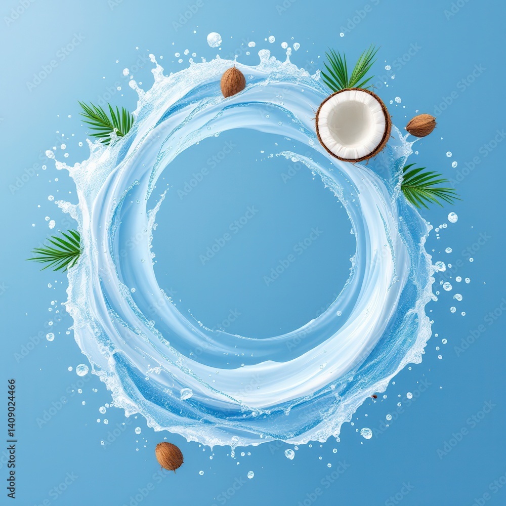 Poster a circular splash of water encircles tropical elements like coconut and nuts, set against a serene b