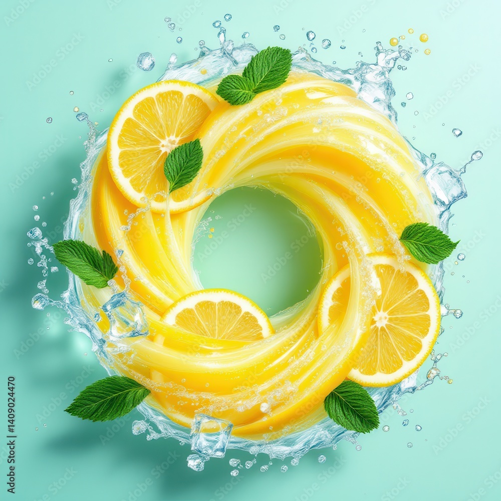 Poster a vibrant swirl of lemonade surrounded by splashes of water and mint leaves, creating a refreshing s