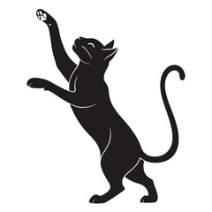 Black Silhouette of a Playful Cat Reaching Upward on a Clean White Background