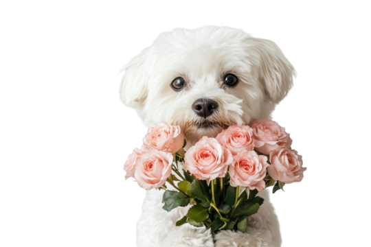 Adorable dog holding roses in its legs with a sweet expression on a white background