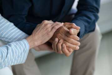 Senior couple holding hands for love, care and trust in home, connection and motivation for mental...