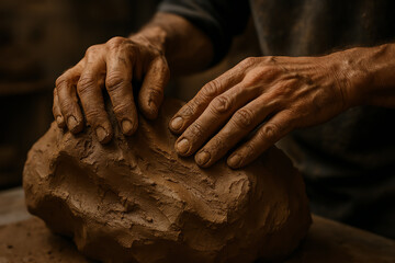 A close-up of hands shaping wet clay, showcasing the artistry and skill involved in pottery. The textures and details highlight the craft of ceramics and the creative process.