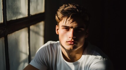 Fototapeta premium A striking portrait of a young man illuminated by sunlight, creating a captivating play of light and shadow across his face, evoking deep emotion and mood.