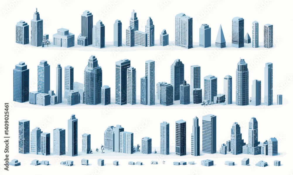 Poster 3d cityscape set in minimalist flat vector style for architecture design