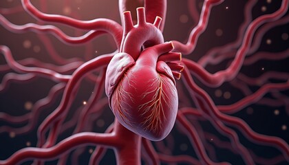 Realistic human heart anatomy with arteries and veins on a dark background