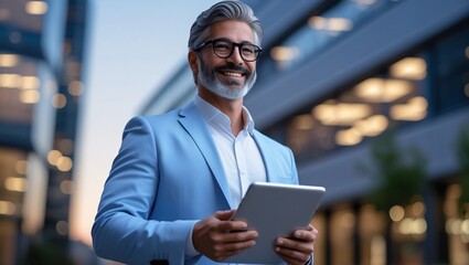 Fototapeta premium Confident Mature Businessman Using Tablet in City Setting
