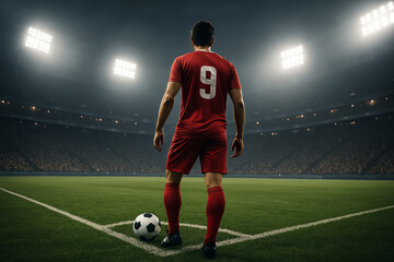 A focused soccer player in a red jersey stands on the field, ready to take a free kick. The stadium is illuminated, creating an electrifying atmosphere for the match.