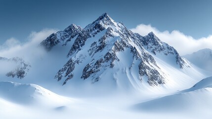 Majestic snow-covered mountain peaks rise above a serene landscape shrouded in mist and illuminated by soft lighting