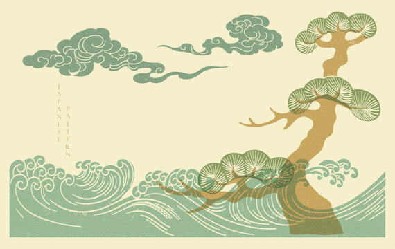Japanese background with line Chinese cloud and bonsai tree pattern vector. Abstract template with geometric wave pattern. Cloud postcard design in vintage style