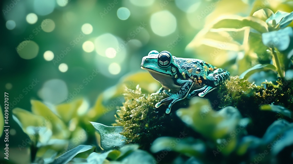 Poster close up of a green frog on a mossy branch with bokeh background