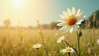 Bright White Daisy Flower in Sunlit Field with Soft Background Blur
