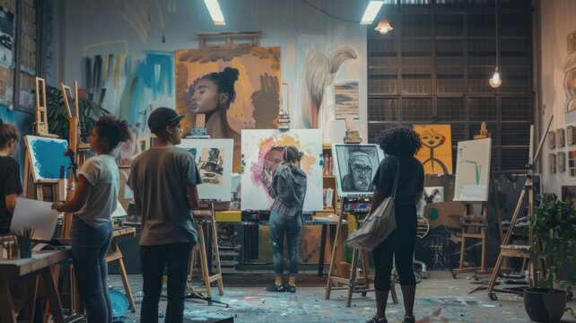 A group of artists work in a studio, guided by an AI muse floating above, displaying various art styles and techniques. The vibrant studio environment fosters creativity and collaboration, blending