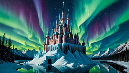 Majestic Castle on Snowy Hill with Aurora Borealis in Winter Sky