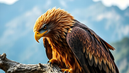 Naklejka premium Golden eagle perched on branch wildlife photography majestic bird of prey nature background wallpaper art