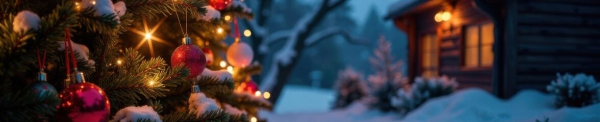 Twinkling electric Christmas tree surrounded by colorful cables and ornaments in a cozy winter scene, christmas, cozy interior, festive ambiance