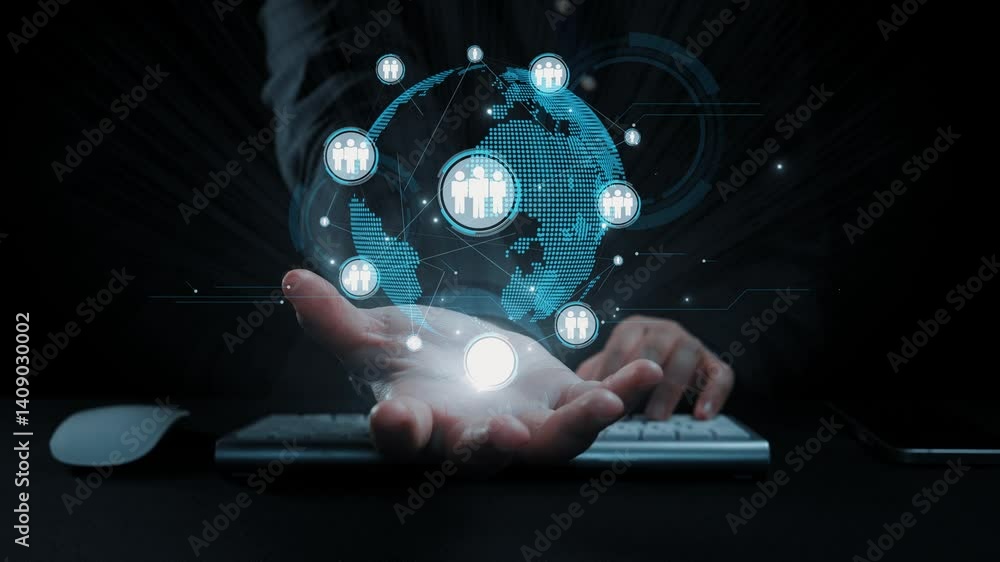 Poster a human hand holds a visual representation of a global network with digital connections, symbolizing