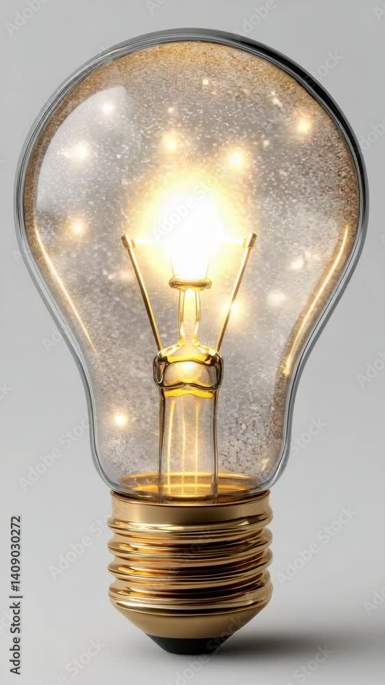 Poster a shimmering light bulb filled with glitter, surrounded by a golden base, emitting a warm glow, crea
