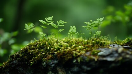 Lush ferns emerging from a mossy rock outcrop.