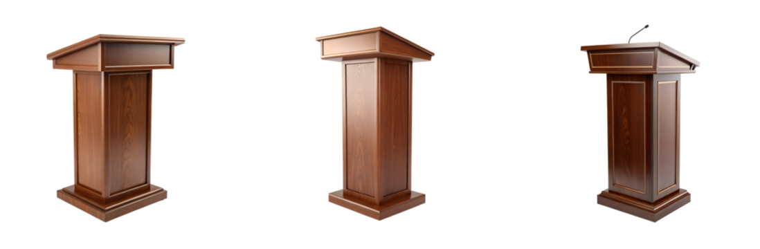 Three beautiful wooden podiums isolated on a white background in studio light transparent background Generative AI