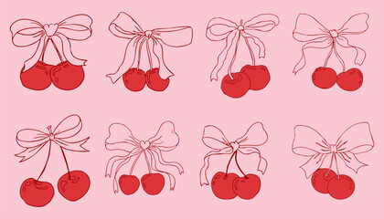 Cherry with bow coquette girly fruit, tie ribbon sketchy doodle drawing, y2k retro aesthetic. Whimsical cute cherry. 