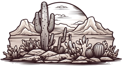 Minimalistic badge design with cacti and mountains outlines for branding and decoration purposes