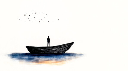 Fototapeta premium Fisherman standing on boat looking at starry sky minimalist drawing