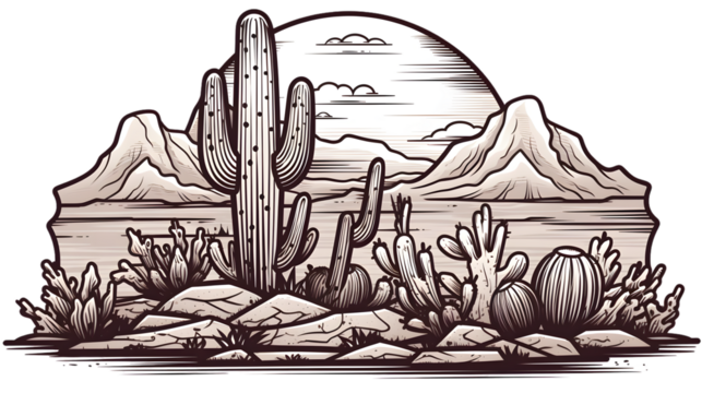 Minimalistic badge design with cacti and mountains outlines for branding and decoration purposes