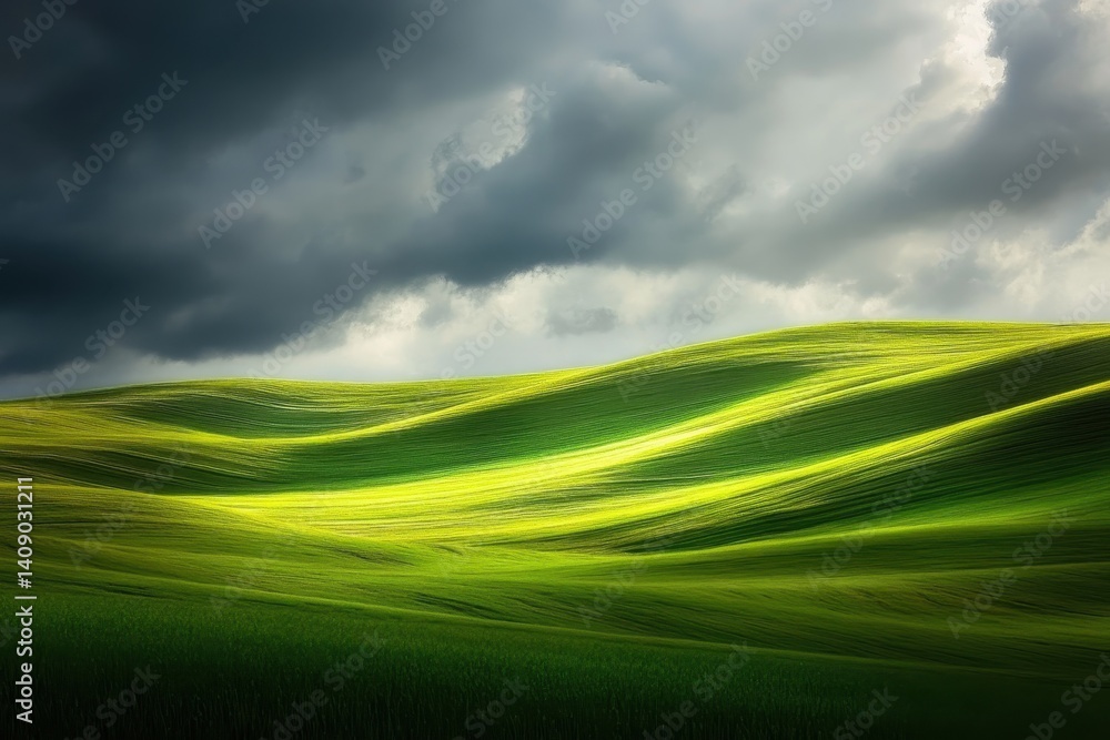 Poster vast green wheat field stretches beneath an ethereal horizon with dramatic clouds overhead, ethereal
