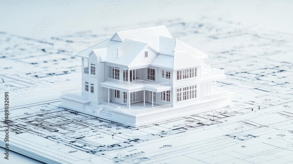 Aufkleber Building house on blueprint with a focus on architecture and vignetting concept. Architectural model on blueprints representing modern design.
