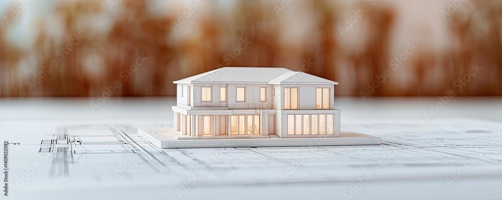 Poster Building house on blueprint with vignetting and construction concept. Architectural model of a modern house on a blueprint background.
