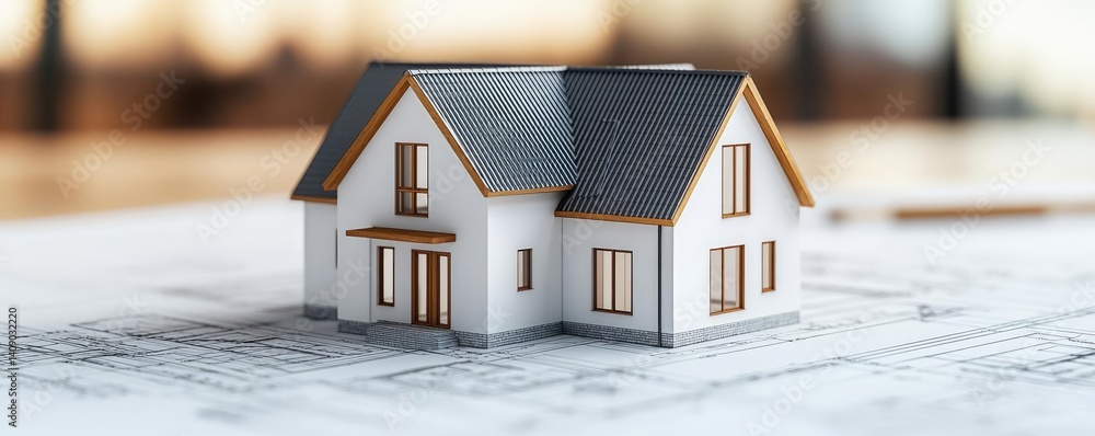 Poster building house on blueprint under plan and architecture concept. detailed model of a house on archit