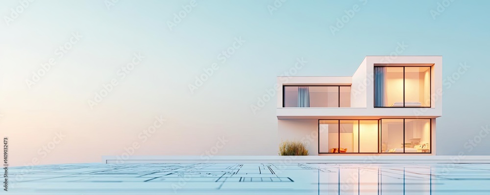 Poster Building house on blueprint with a focus on architecture and vignetting concept. Modern architectural house design with serene water reflection.