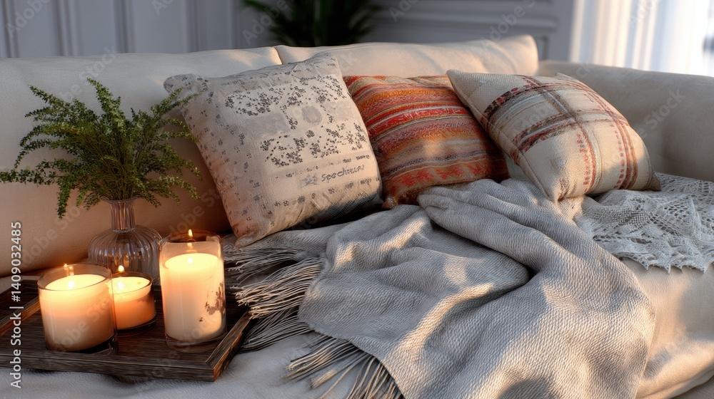 Poster lit candles on a cozy tray with a blanket and pillows create a warm and inviting atmosphere, hello s