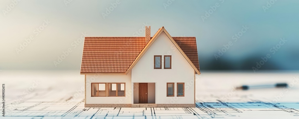 Poster Building house on blueprint with vignetting and construction concept. A realistic model of a house on a table, representing home design.