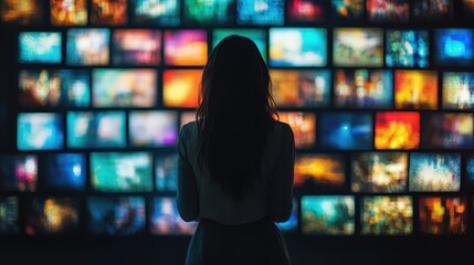 Woman silhouetted against many out-of-focus screens, blue and orange tones. Use for media concepts, data analysis, or the abundance of information.
