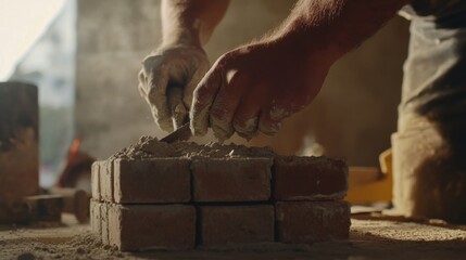 Bricklayer positioning bricks with precision at a residential build. Featuring craftsmanship and dedication