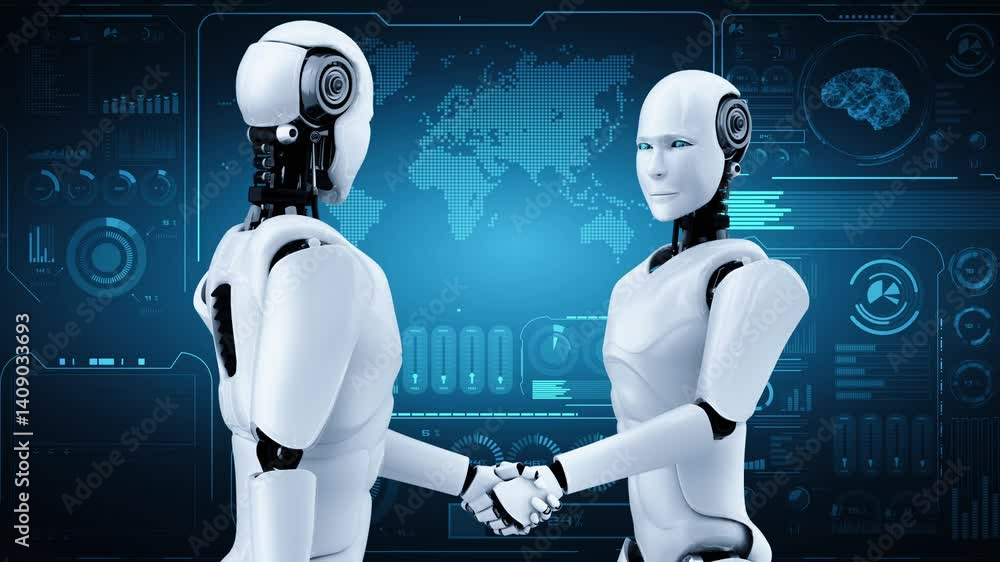 Poster 3d rendering hominoid robot handshake to collaborate future technology development by ai thinking br