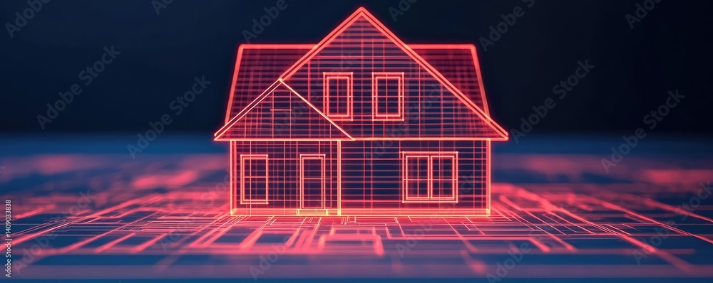 Poster Building house on blueprint under plan and architecture concept. Digital blueprint of a house in a futuristic design concept.