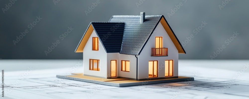 Poster building house on blueprint with vignetting and construction concept. a detailed model of a cozy hou