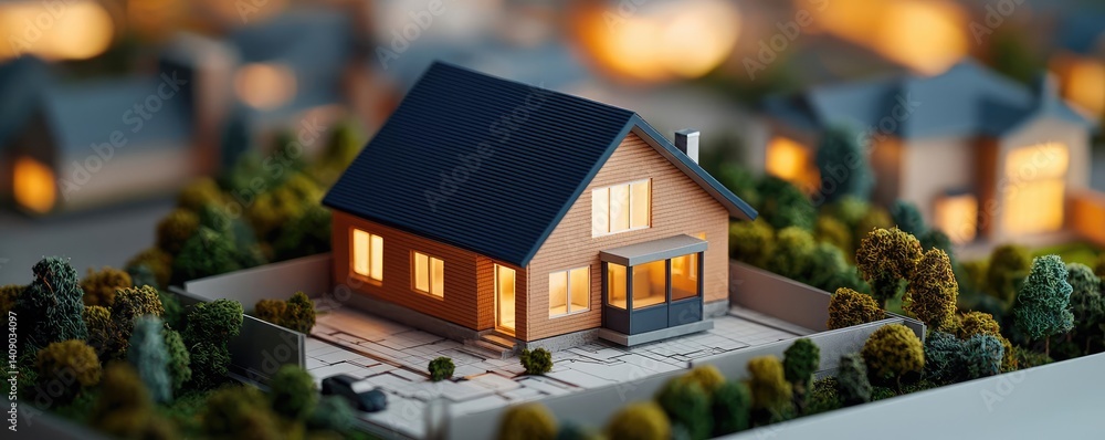Poster building house on blueprint with vignetting and construction concept. a cozy miniature house glowing