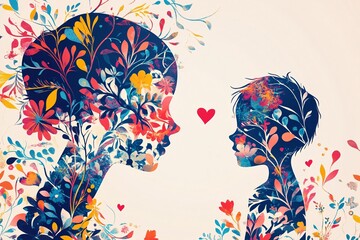 Fototapeta premium Mother and child silhouettes adorned with floral patterns, expressing love and connection.