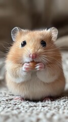 Cute Golden Hamster Holding Food with Adorable Expression in Close-Up