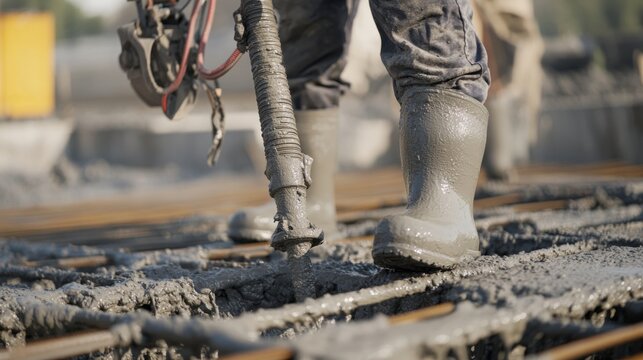 Concrete pump operator directing a hose during foundation pouring. Featuring coordination and control