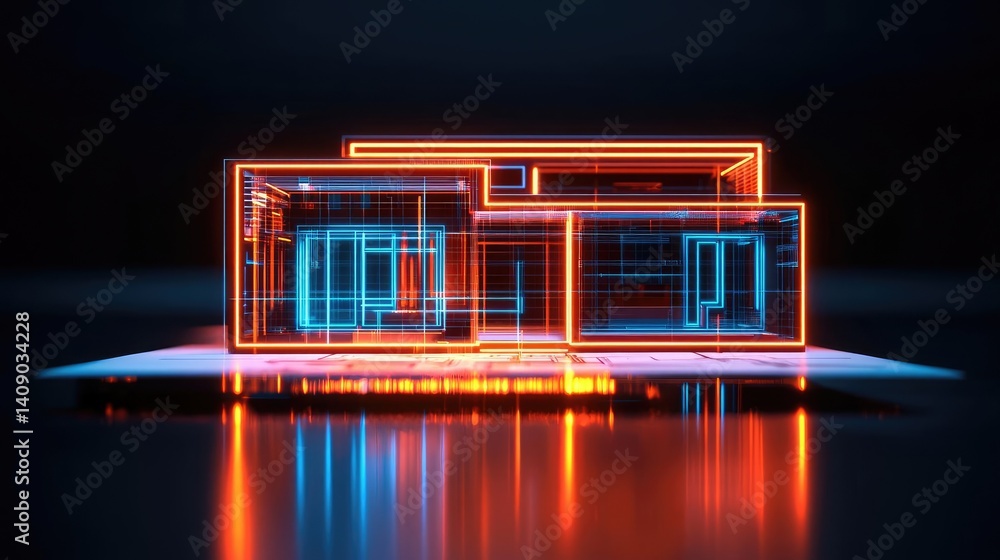 Poster building house on blueprint under plan and architecture concept. futuristic neon house design glowin