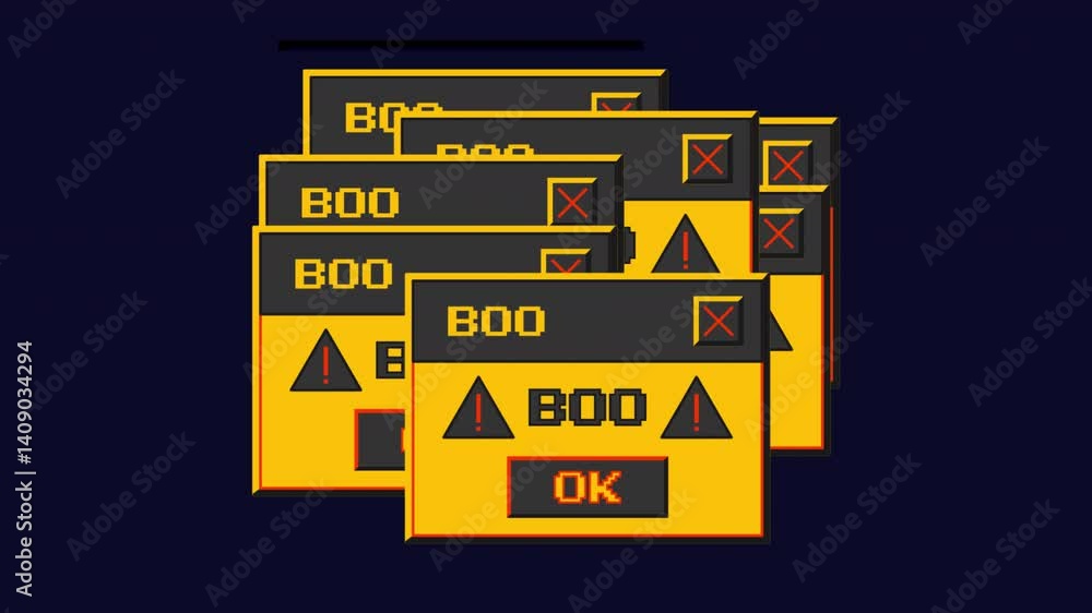  animated retro computer window with boo message with glitch effect. alpha channel