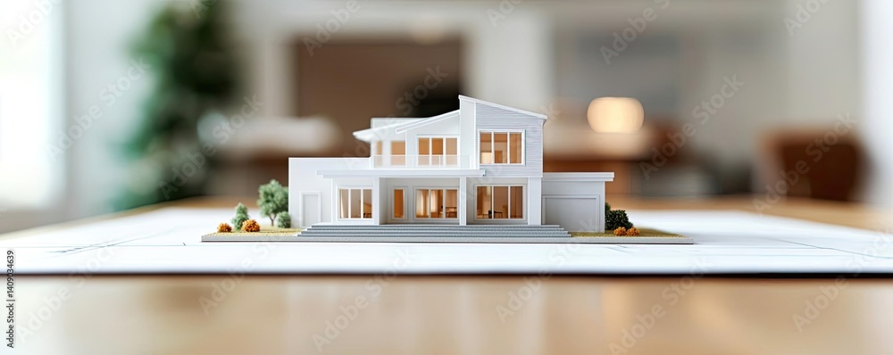 Poster Building house on blueprint with a focus on architecture and vignetting concept. A detailed architectural model of a contemporary house design.